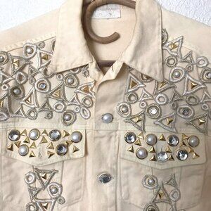 Vintage Cache’ Denim Jacket Buttercup Yellow Embroidery, Pearls, Studs LG/XL